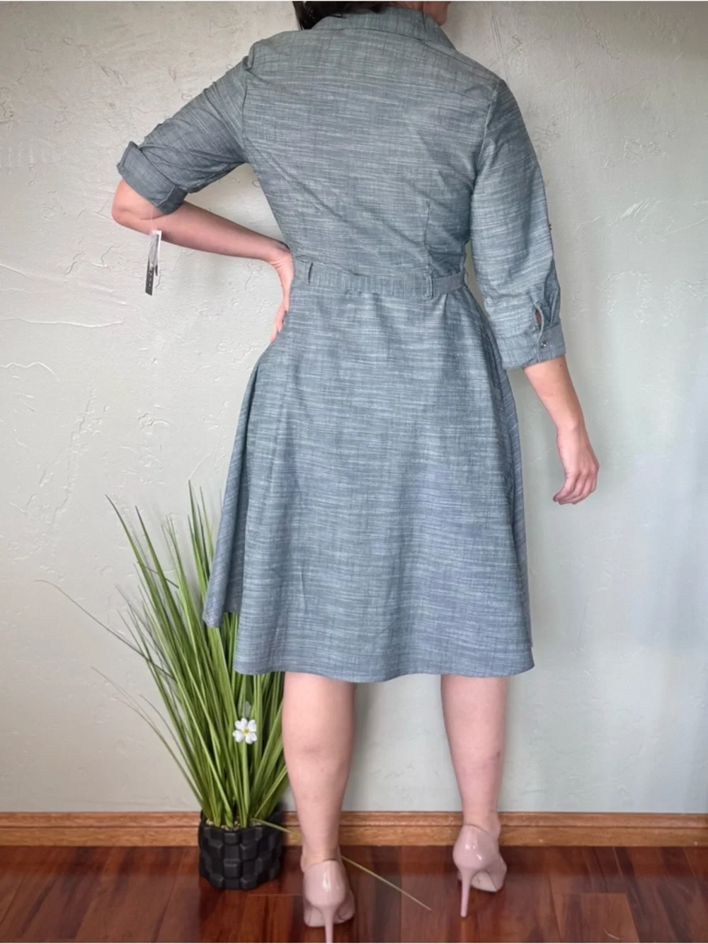 Sharagano Dusty Blue Tie-Waist Button Front Midi Shirt Dress with Pockets - Picture 4 of 8